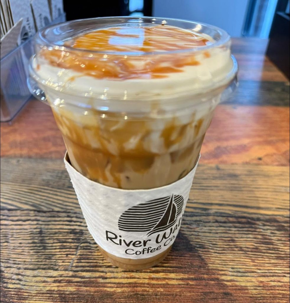 custom ordered drink, white chocolate and toffee with caramel drizzle